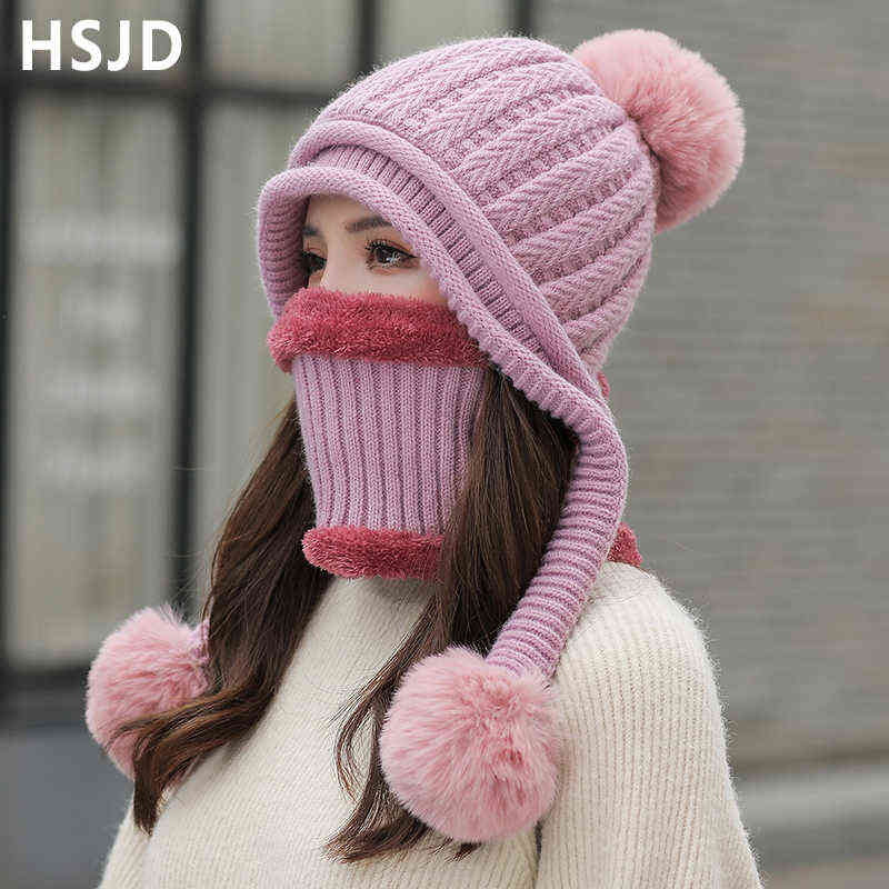 

Winter Women's Knitted Hat Mixed Color Scarf 2pcs Set Warm Plush Lining Skullies Beanies Hats with 3 Balls Pompom Ear Cap Female