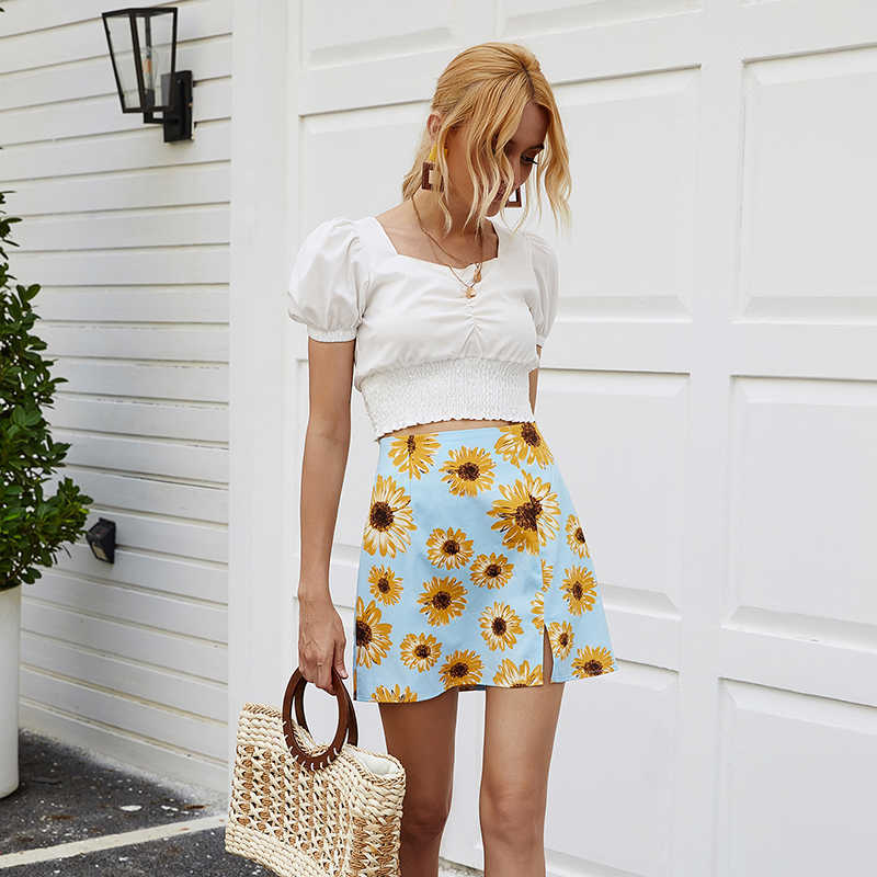 

Flower Printed Women Skirt High Waist Spilt Streetwear Summer Ladies Mini A-Line Skirt Female Clothing W889 210526, Picture color