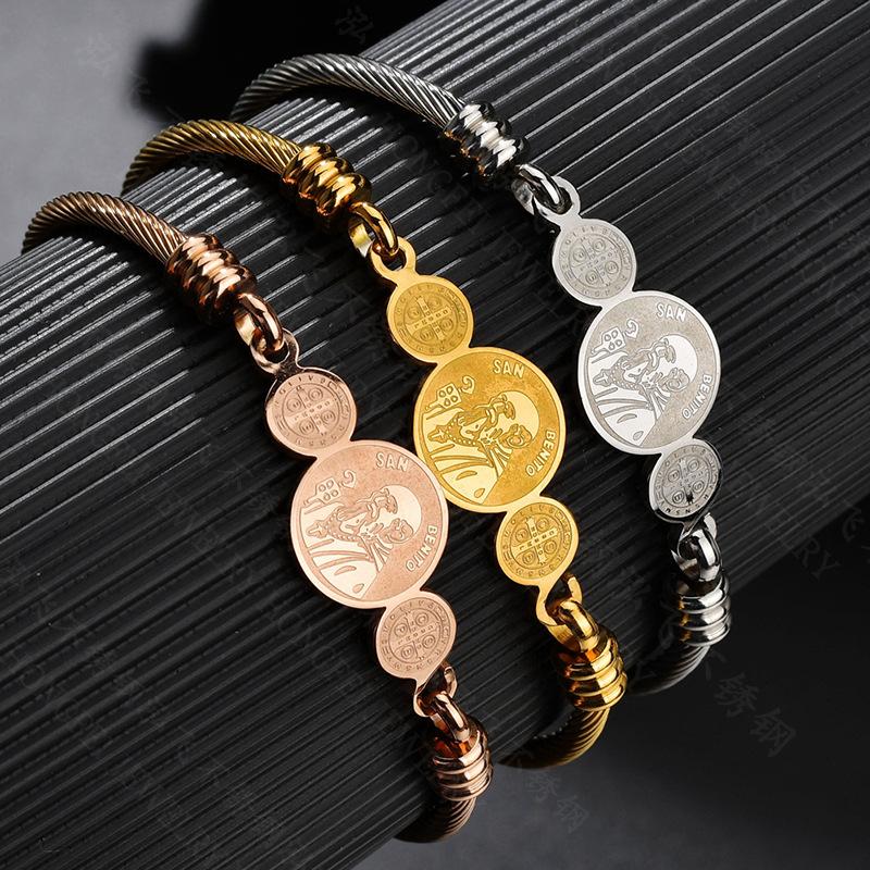 

Charm Bracelets Vintage San Benito Jesus Round Amulet Cross Bangles Stainless Steel Religious Jewelry For Women Men Our Father Gift