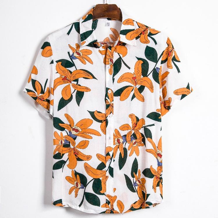 

Summer Men's Plus Size Floral Short-sleeved Shirt Korean Style Slim Casual Shirts, Green