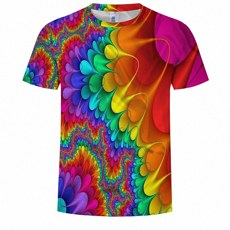 T-shirt pour hommes chemise graphique abstrait rond imprimé à col rond arc en ciel 753a #