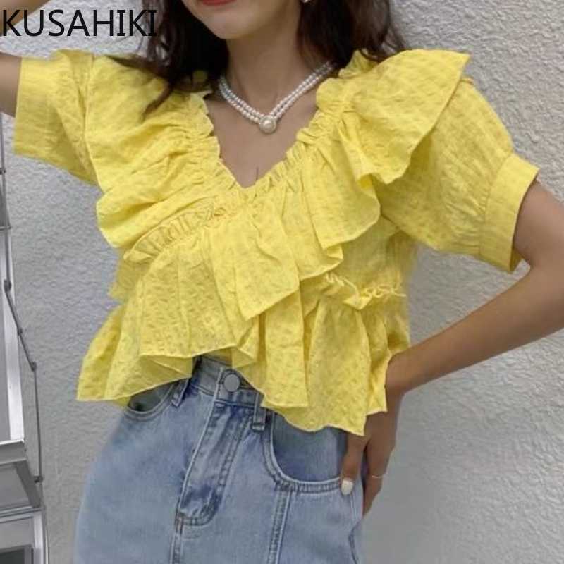 

KUSAHIKI Summer V-neck Blouses Pleated Ruffle Patchwork Sweet Woman Shirts Causal Puff Sleeve Blusas Mujer 6J691 210602, Green
