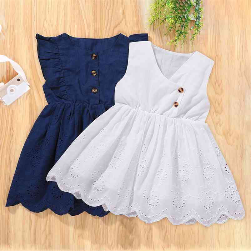 

Summer Girls Dress Cute Sleeveless O Neck Button Solid Vestidos 0-2T 210629, White