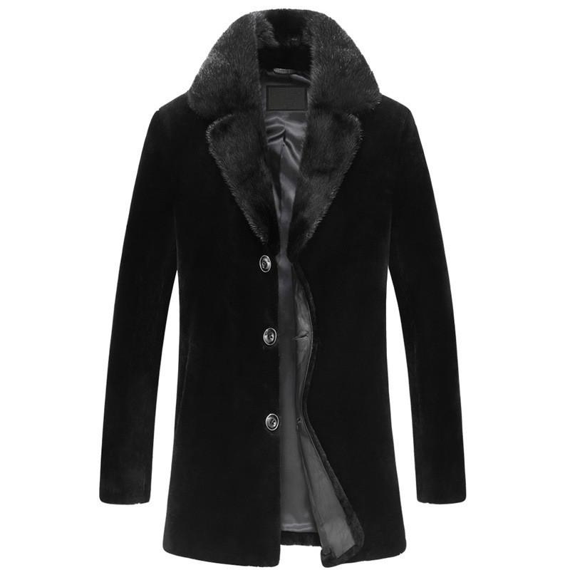 

Men's Leather & Faux Shearling Men Autumn Sheep Winter Jacket Real Collar Mens Wool Coat Plus Size Veste Homme 28890 YY504, Black