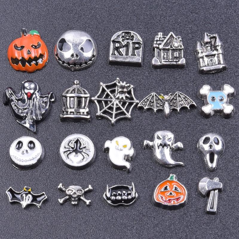 

Charms Mix Halloween Styles Pumpkin Spider Web Ghost Floating Handcraft Skull Bat Axe Pendant Inside Locket Necklaces Jewelry
