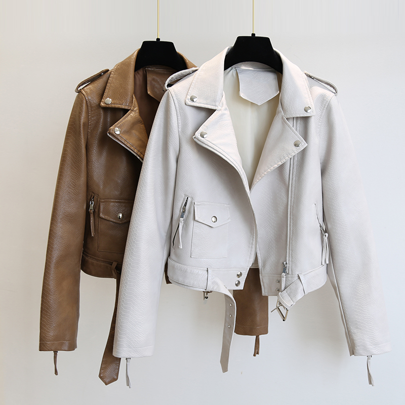 

Ftlzz Spring Autumn Women Faux Leather Jacket Slim Streetwear Khaki Leather Coat Biker Moto Jacket with Belt Female Outerwear, Beige
