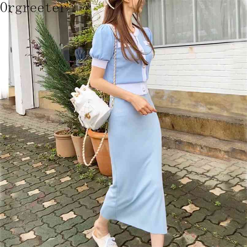 

Retro Hit color O-neck Bubble Sleeve Short Sweater Cardigan and High Waist Split Long Maxi Bodycon Skirt 2 Piece Set Female 210602, Only yellow top
