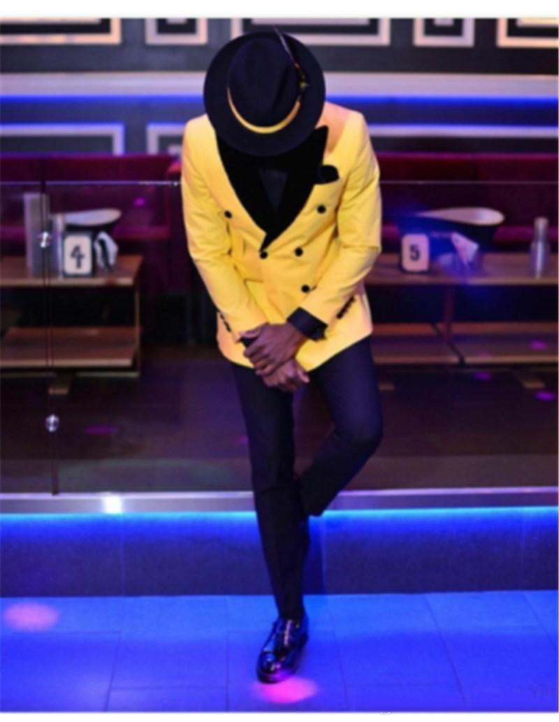 

Coustume Homme Wedding Party Suits Men 2021 Tuxedo Peaked Lapel Black Velvet Yellow Double Breasted Slim Fit Men's & Blazers, As picture2