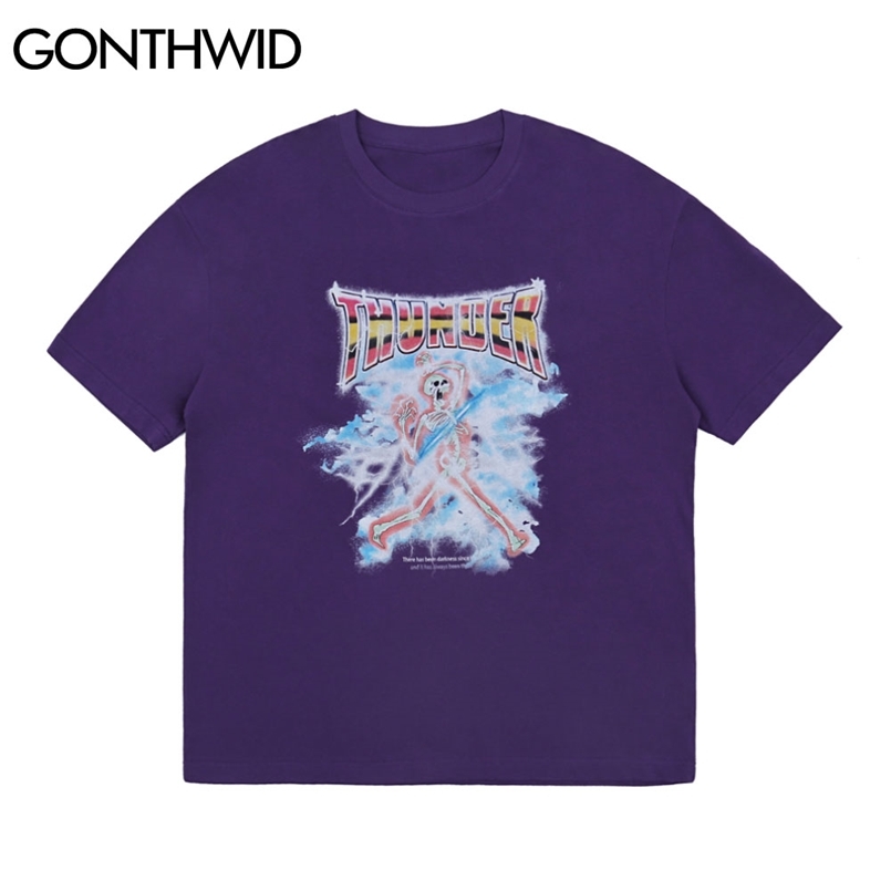 

GONTHWID T-Shirts Hip Hop Streetwear Men Gothic Punk Rock Lightning Skull Print Cotton Casual Harajuku Short Sleeve Tees Tops 210721, Black