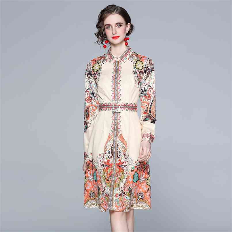 

Spring Fall Fashion Shirt Dress Women Long Sleeve Lapel Floral Retro Print Knee-length Casual OL Vestido De Mujer 210602, Apricot flower color
