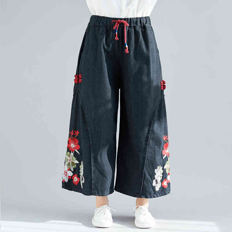 

Women's Jeans Cotton Linen Pants For Women Vintage Spring Autumn Loose Casual Floral Embroidery Ankle-Length Fashion Wide Leg Pant, Black