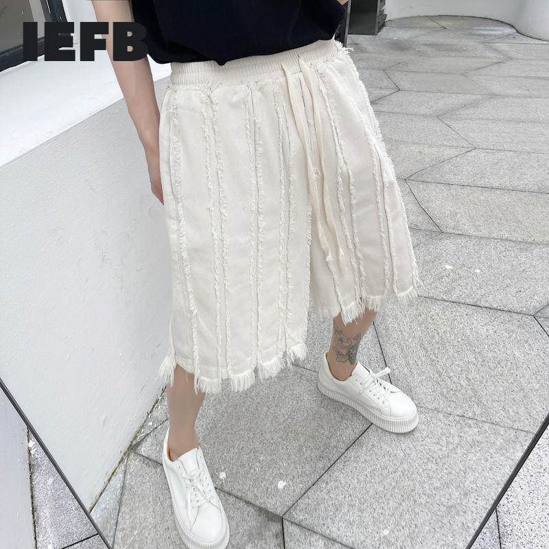 

IEFB Summer Destroy Design Patchwork Men's White Jeans Shorts Drawstring Waist Black Loose Causal Knee Length Pants 9Y7061 210524