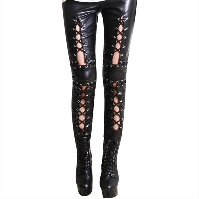 

black trousers skinny lace up women pants pantalon pencil leggings legins punk rock female gothic leather, Black;white