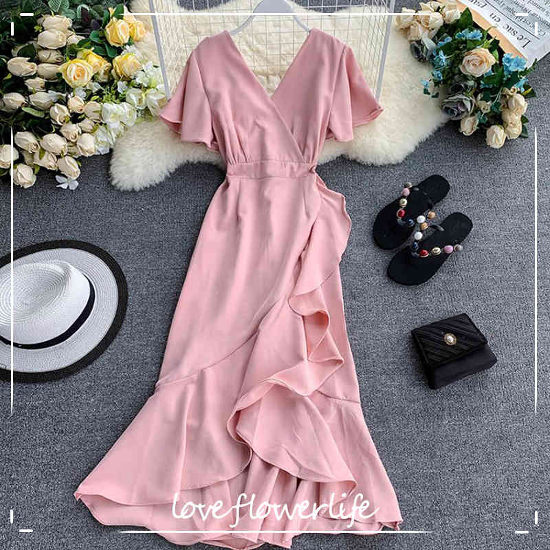 

Vintage Ruffles Solid V Neck Floral Print Dress Summer Party Midi Dress Women High Waist Elegant Irregular Fishtail Dresses 210521, Navy blue