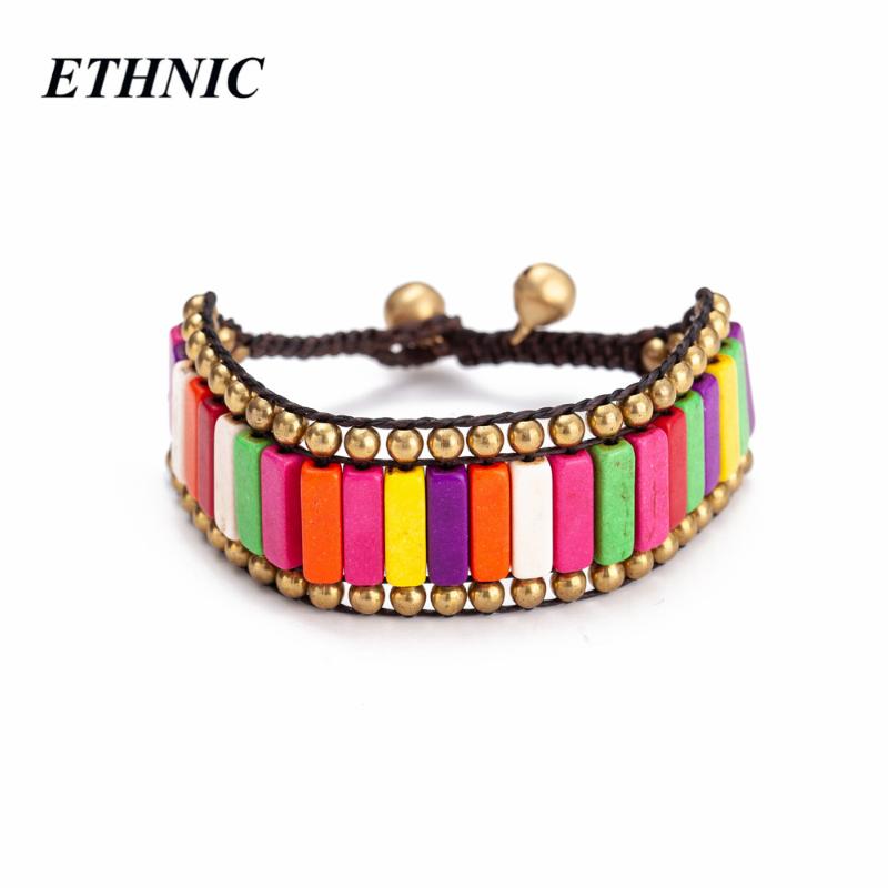 

Link, Chain Handmade Rectangular Solid Stone Link Bracelets For Women Ethnic Wide Wristband Bohemian Alloy Beads Woven Bracelet