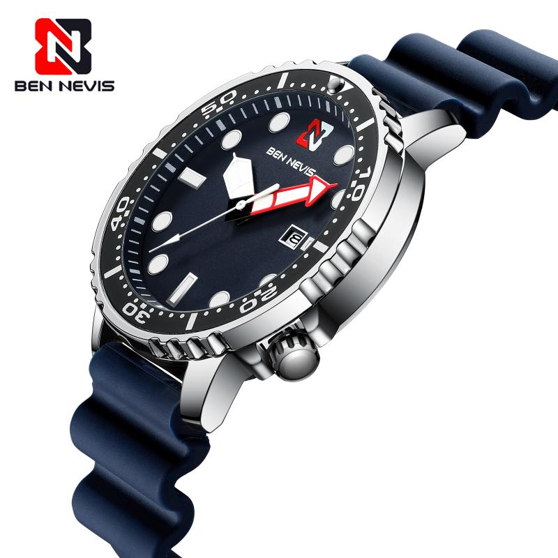 

Wristwatches Ben Nevis Men's Watch Silicone Rubber Strap 30M Waterproof Blue Sports Quartz For Man With Date Relogios Masculino A5