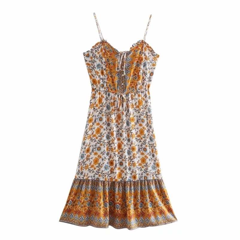 

women dress Rayon positioning print suspender Fashion Women Sexy Boho Striped Sleeveless Beach Style Strap 210524, Yellow