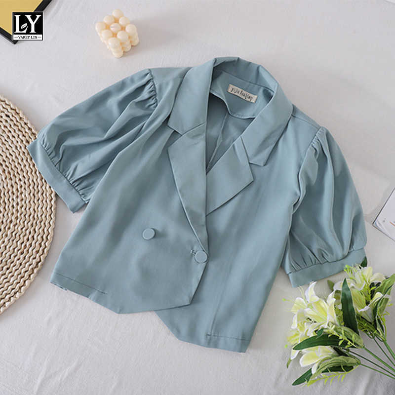 

LY VAREY LIN Summer Women Elegant Buttons White Black Chiffon Tops Office Lady Notched Puff Sleeve High Waist Short Shirts 210526, Blue