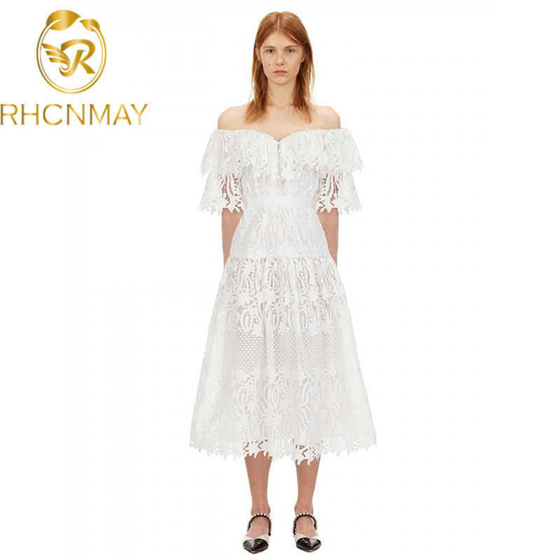 

new runway fashion embroidery hollow out lace dress 2021 summer womens off shoulder strapless ruffle vacation long dressswimwear bathing sui, Black;gray