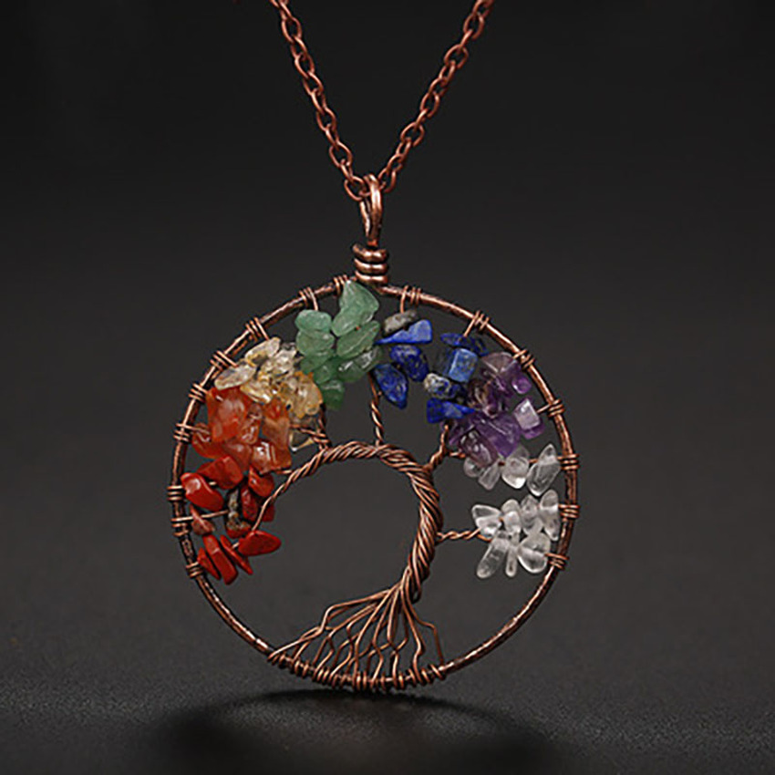 

Weave Tree of Life Natural Stone Pendant Necklace Bronze Wire Agate Amethyst Turquoise Beads Necklaces for Women Children Fashion Jewelry Will and Sandy