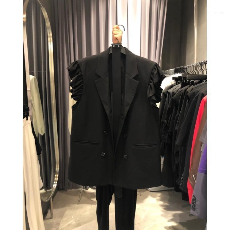 

Women' Vests VANOVICH 2021 Spring Wear Wooden Ear Suit Collar Sleeveless Vest Korean Fashion Top, Black