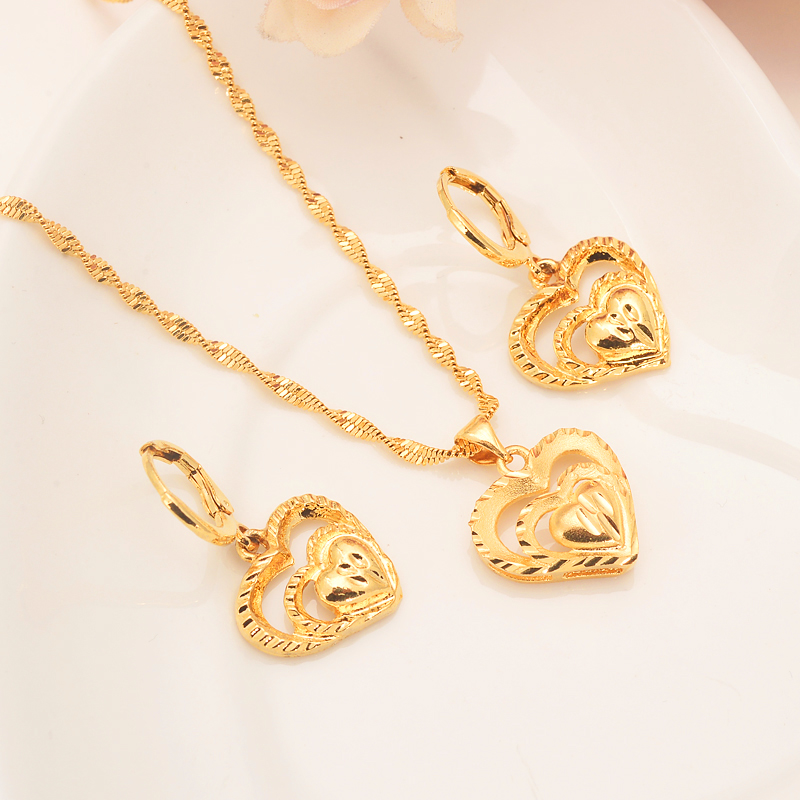 Jewelry set Europe 18 k Yellow Solid Fine G/F Gold heart Pendant Necklaces Earrings African Girl Gift-image-677821906