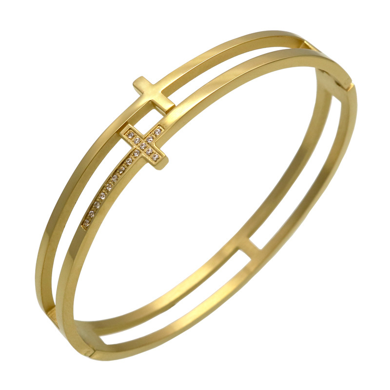 

New Arrival CZ Micro Pave Double Layered Cross Bangle Womens Cuff Bracelet for Gift