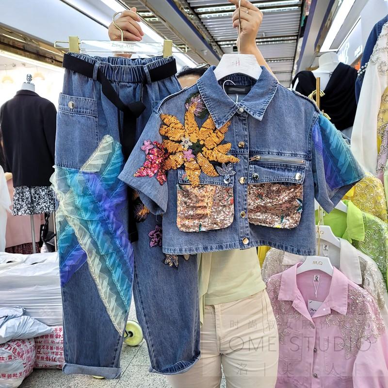 

Women' Two Piece Pants Deaign Summer Women Sets Embroidery Sequins Short Sleeve Denim Jacket Coat + Loose Elastic Waist Jean Casual Suits, Blue set