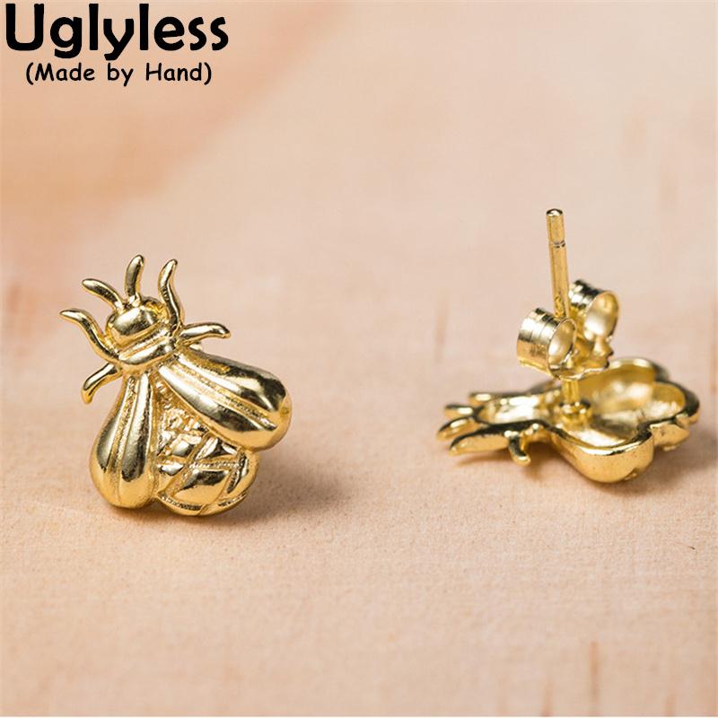 

Stud Uglyless Handmade Bees Studs Earrings For Women Vivid Insect Brincos Real 925 Silver MINI Bee Lovely Gifts Jewelry Gold, Golden;silver