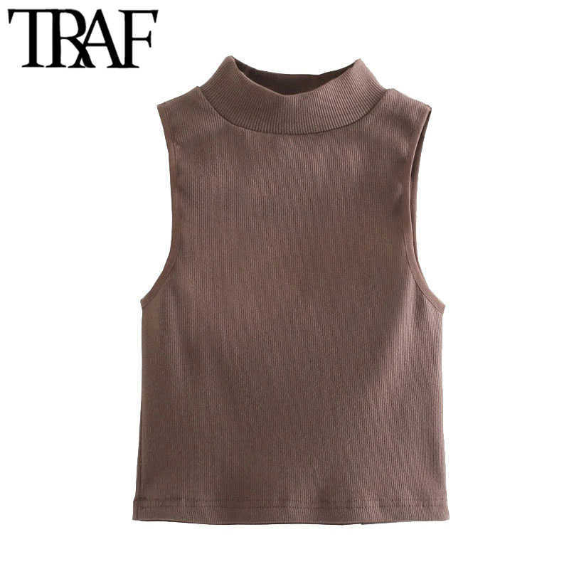 

TRAF Women Fashion Stretch Slim Ribbed Knit Tank Tops Vintage High Neck Sleeveless Female Camis Mujer 210608, As picture