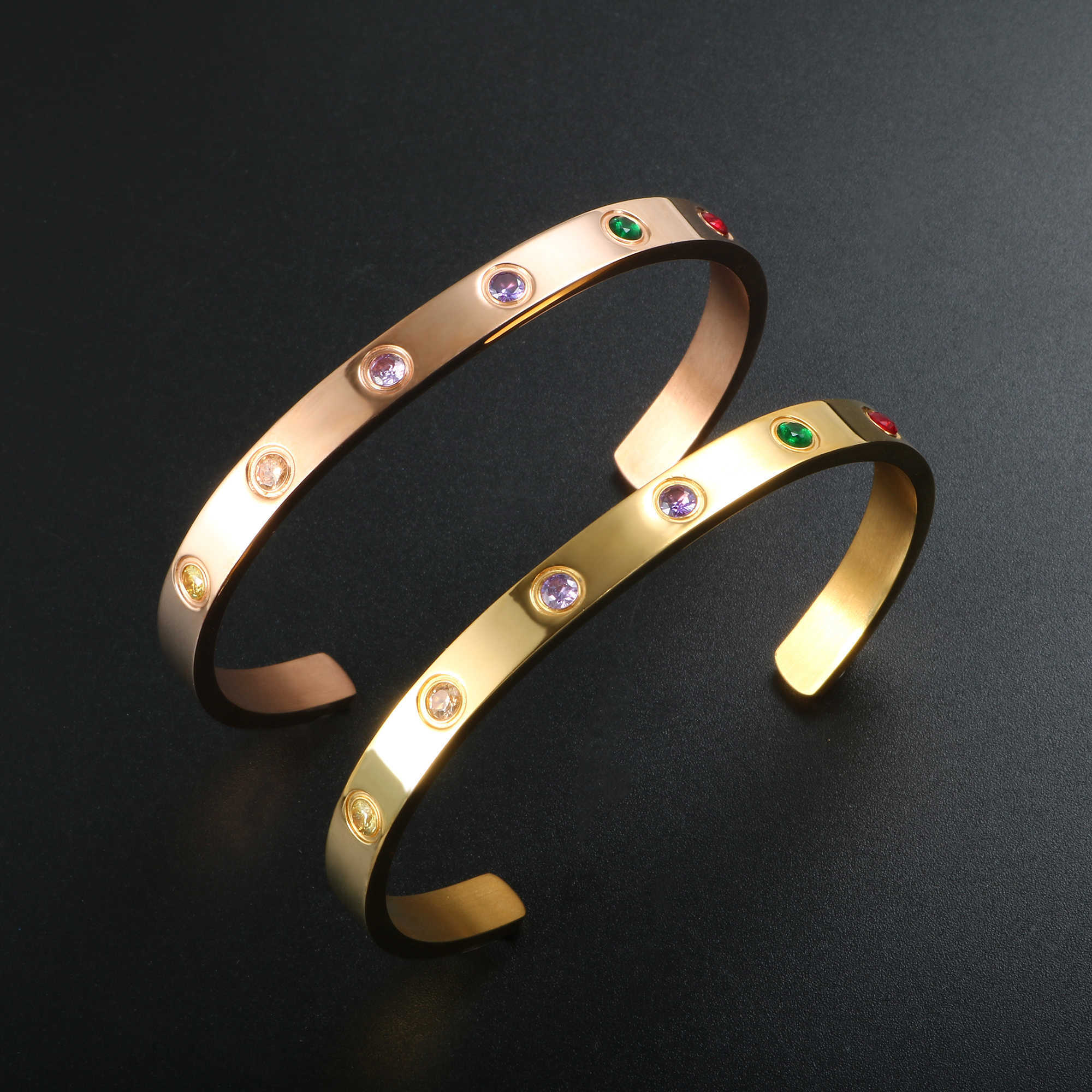 

New Design c Cuff Bracelets 2021 Trendy Punk Ins Jewelry Popular Friendly Gift Colorful Stone Cz Filled Bangle Cuff for Lady Q0719