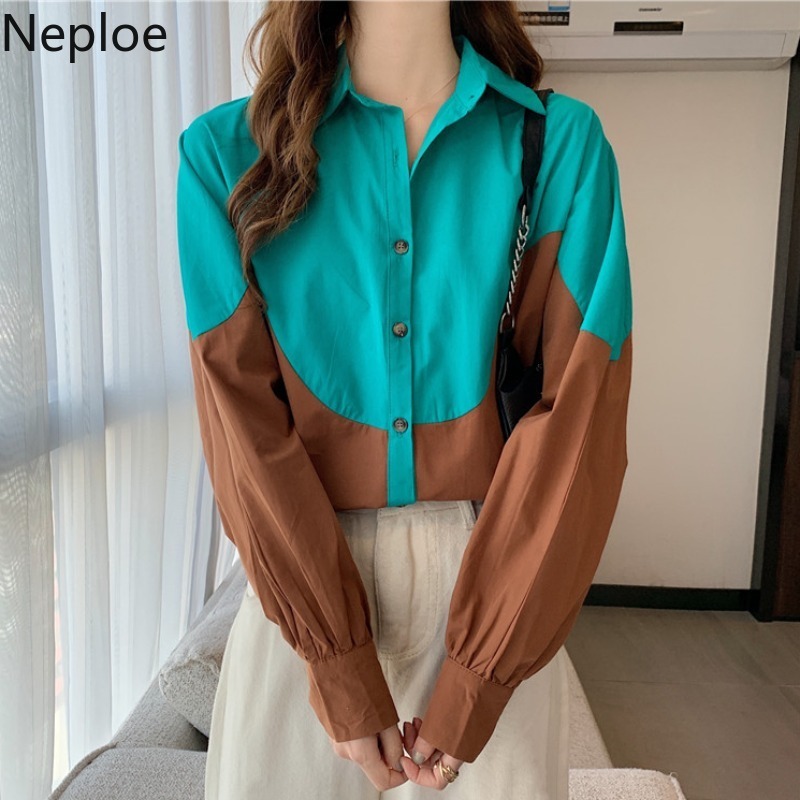Neploe Blouse Women Contrast Color Patchwork Shirts Spring Vintage All-match Blouses Female Casual Streetwear Blusas Tops 210422