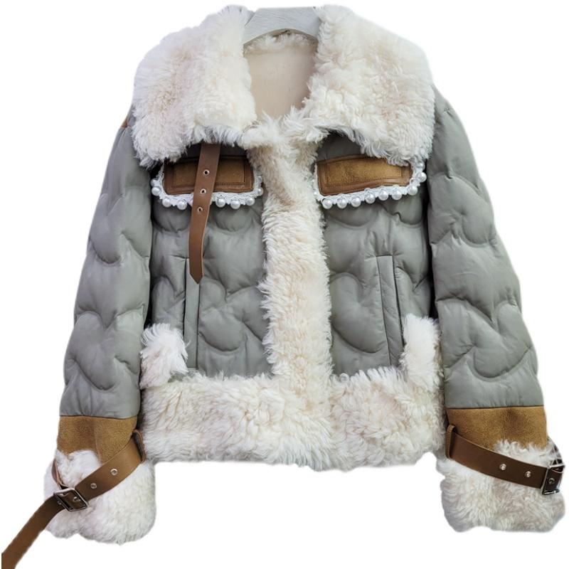 

Women's Fur & Faux 2021 Winter Fashion Beading Stitching Lambswool Coat Women Short Double Faced Jacket Large Lapel Thick Outwear, Black