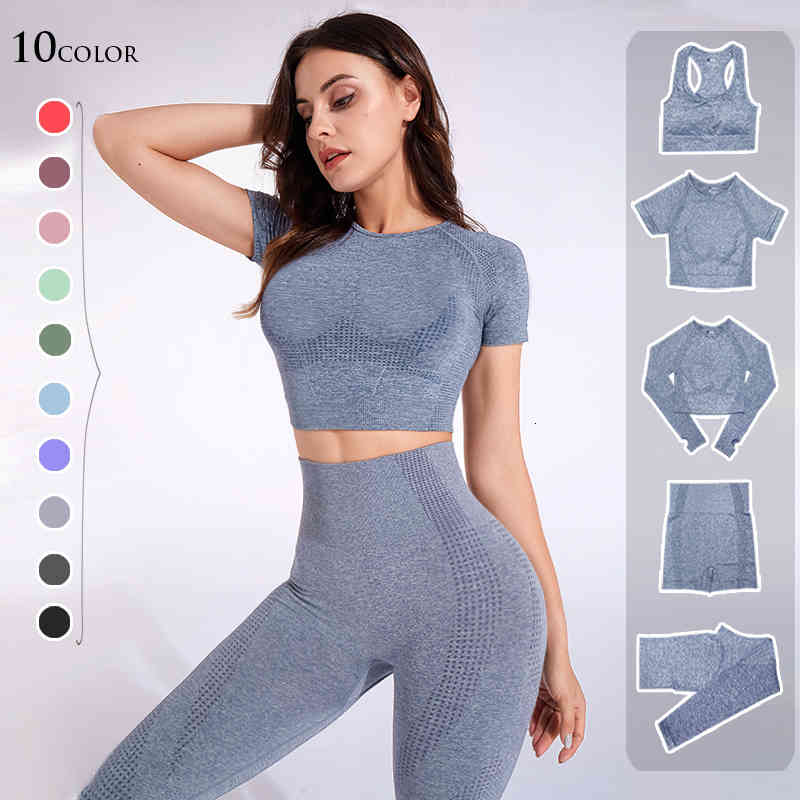 

2/3/5PCS Seamless Women Yoga Set Workout Sportswear Gym Clothing Fitness Long Sleeve Crop Top High Waist Leggings Short Suits, 999-2b-blue