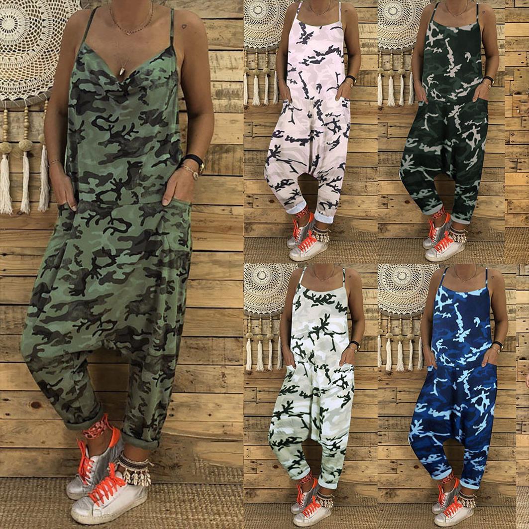 

summer playsuit print camouflage loose women jumpsuits v neck herem pants combinaison femme, Black;white