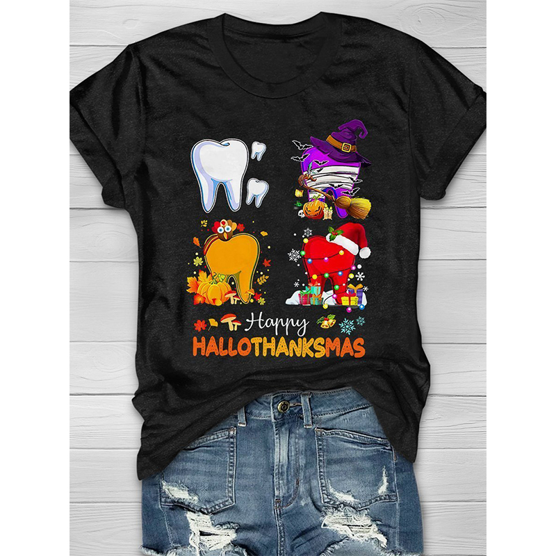 

Summer Ladies Top T-shirt Christmas Teeth Print Round Neck Street Casual Home Short Sleeve Loose Comfortable, White