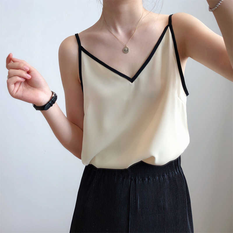 

Satin chiffon camisole female summer outer wear v-neck inner base shirt imitation silk sleeveless top W846 210526, Black