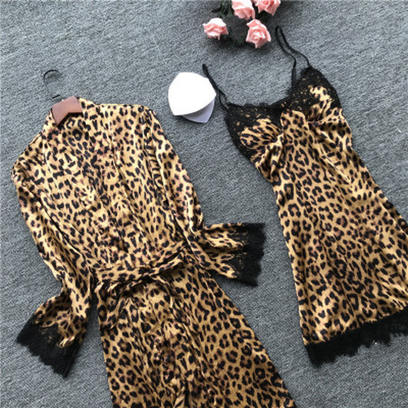 

2021qweek homewear women pajamas leopard satin pijama mujer casual elegant pyjama femme silk, Black;red