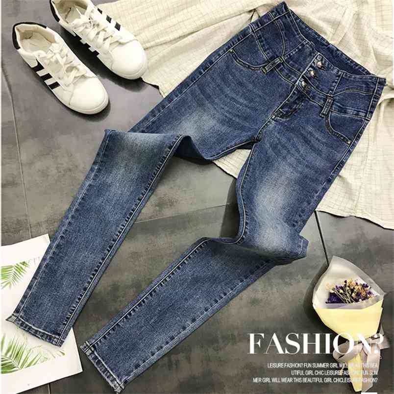 

High Waist Elastic Skinny Women's Jeans Three Buttons Pencil Pants Female Fashion Plus Size Stretch Ankle Length Bleached Denim 210708, Blue