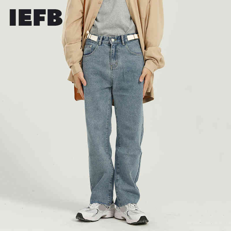 

IEFB Men's Spring Vintage Denim Ankle-length Pants Korean Streetwear Fashion Loose Straight Raw Edge Jeans Male 9Y5085 210524, Light blue