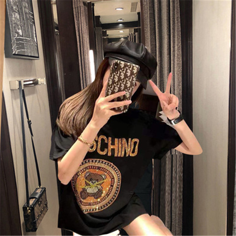 

Dongdamen fashion brand drill bear short sleeve flash drill round neck Korean t-shirt female English letter loose student top, White