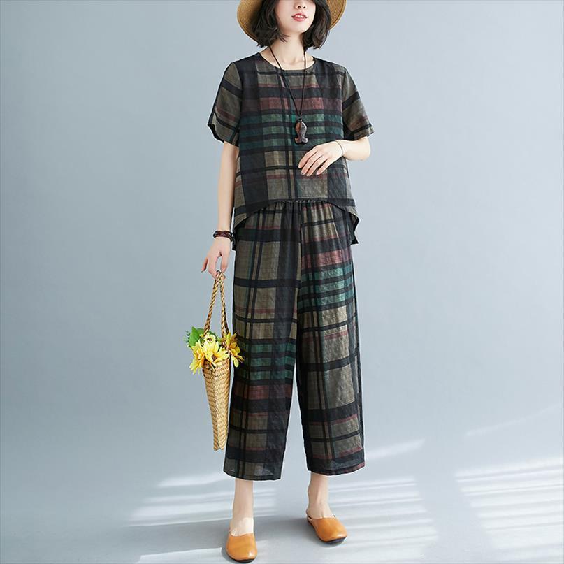 

loose wide leg womenpant two piece clothes set cotton linen plaid fashion short sleeve woman casual, White
