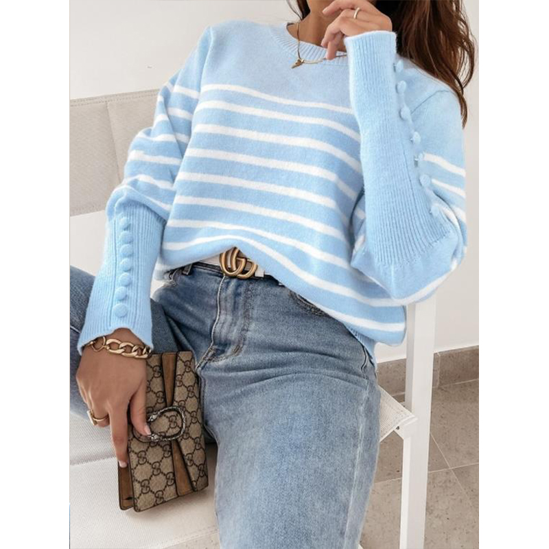 

Striped Za Juliet Long Sleeve Women Sweaters Light Blue Autumn Winter O-neck Female Jumper 2021 Girlish Fashion Pullover, White;black
