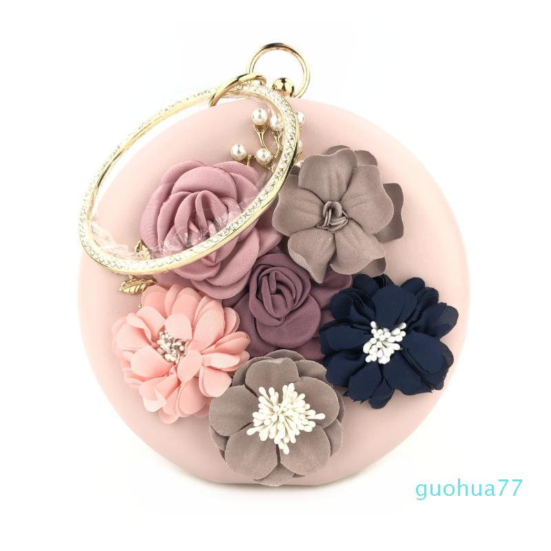 

Designer-Evening Bags Round Handmade Flower Clutches Bag Women Bridal Wedding Party Elegant Fashion Handbags Metal Chain Shoulder Bags, Purple red