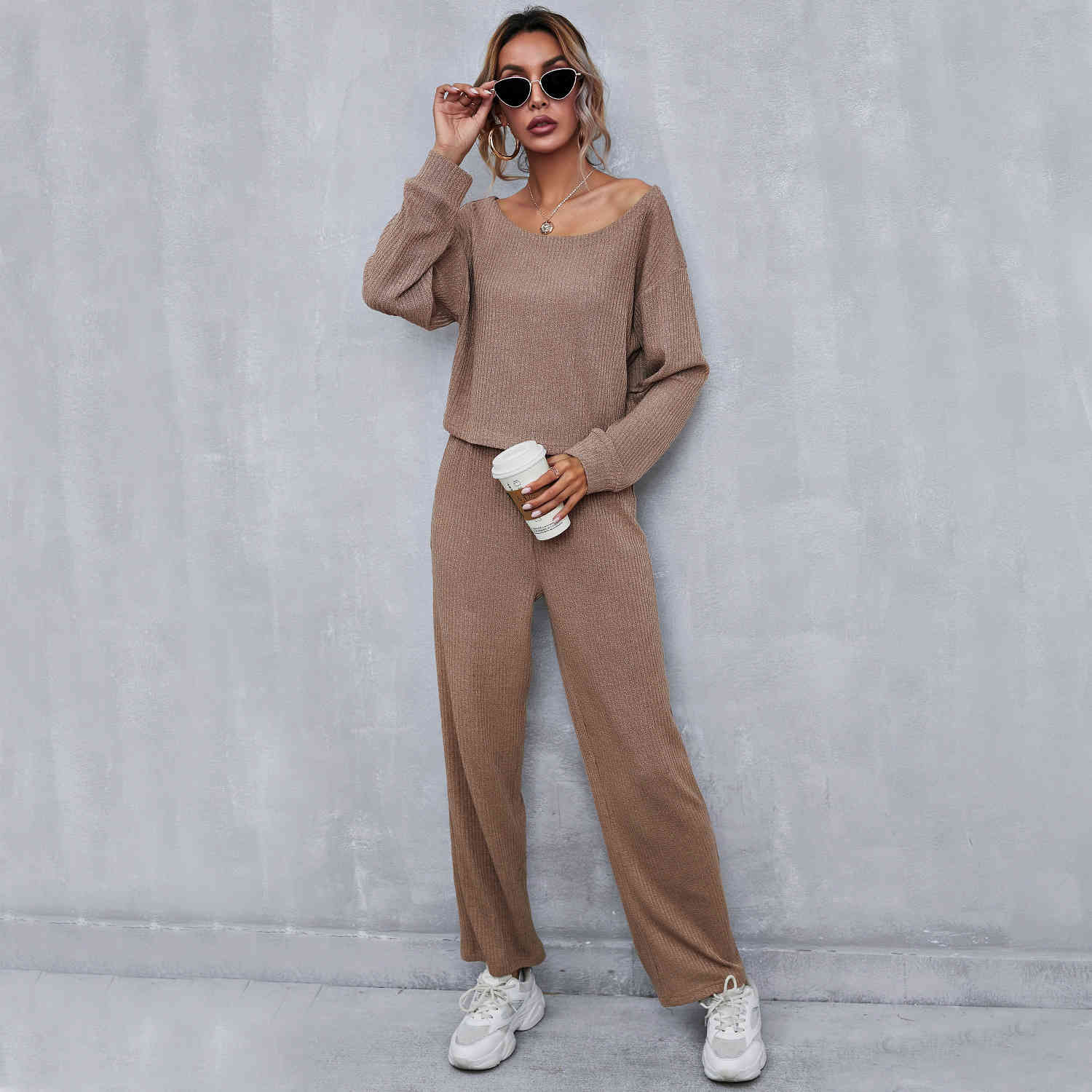 

women knitted suits Spring Autumn long sleeve O-neck pullovers +full straight pants female Casual knit track set 210524, Khaki