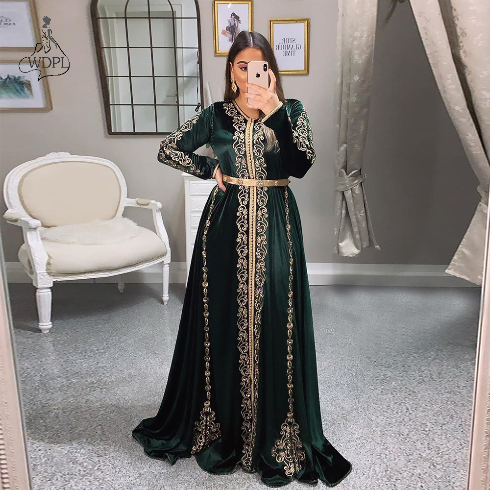 

Velvet Moroccan Kaftan Evening Dresses hunter green Golden embroidery Appliques Saudi Arabic Muslim long sleeve Prom Gown, Dark navy