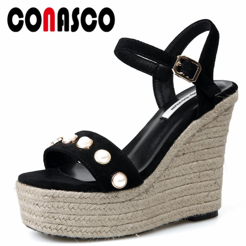 

Fashion Women Wedges Sandals Cow Suede Summer Ankle Strap High Heels Shoes Beading Platforms Casual Woman, Black