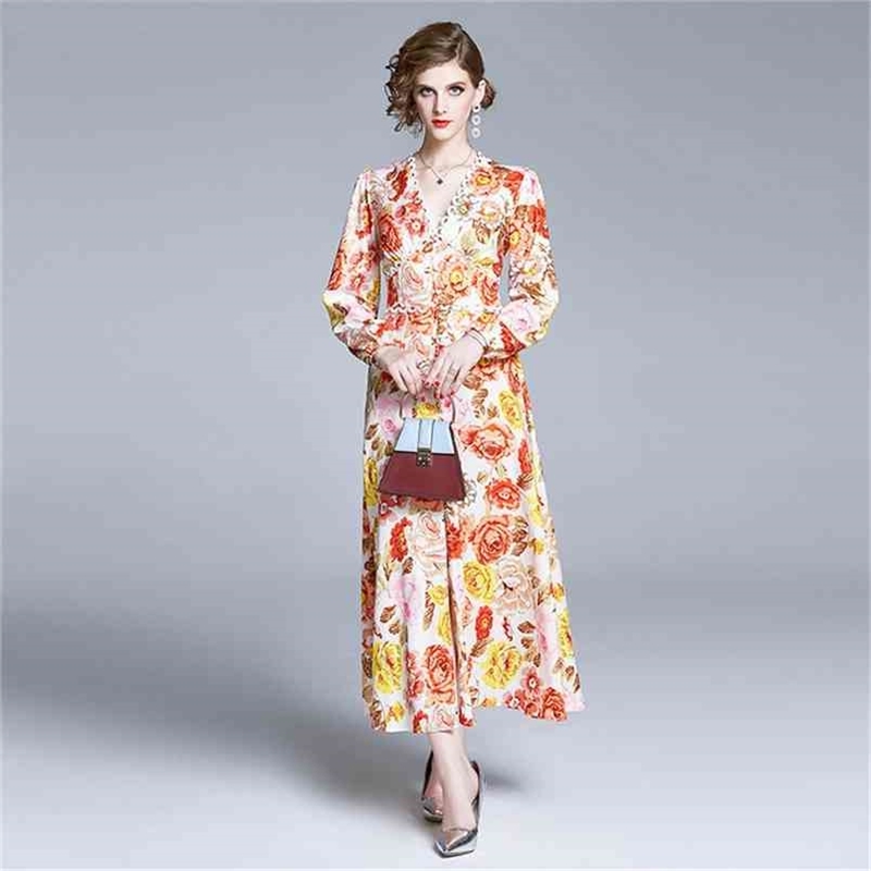 

Vintage Print Puff Sleeve Sexy V-Neck Party Cotton Long Dresses Women's High Quality Clothing 210603, Picture color