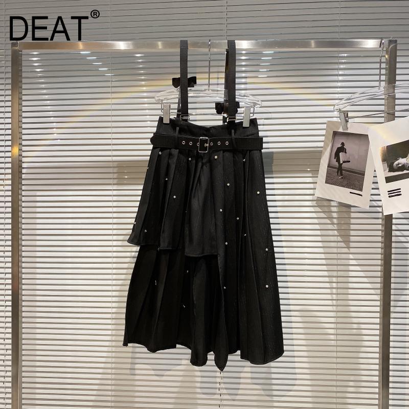 

Women Blaack Pleated Diamond Asymmetrical Strap Skirt Arrivals Waist Fashion Temperament Spring Summer 11D472 210525, Black