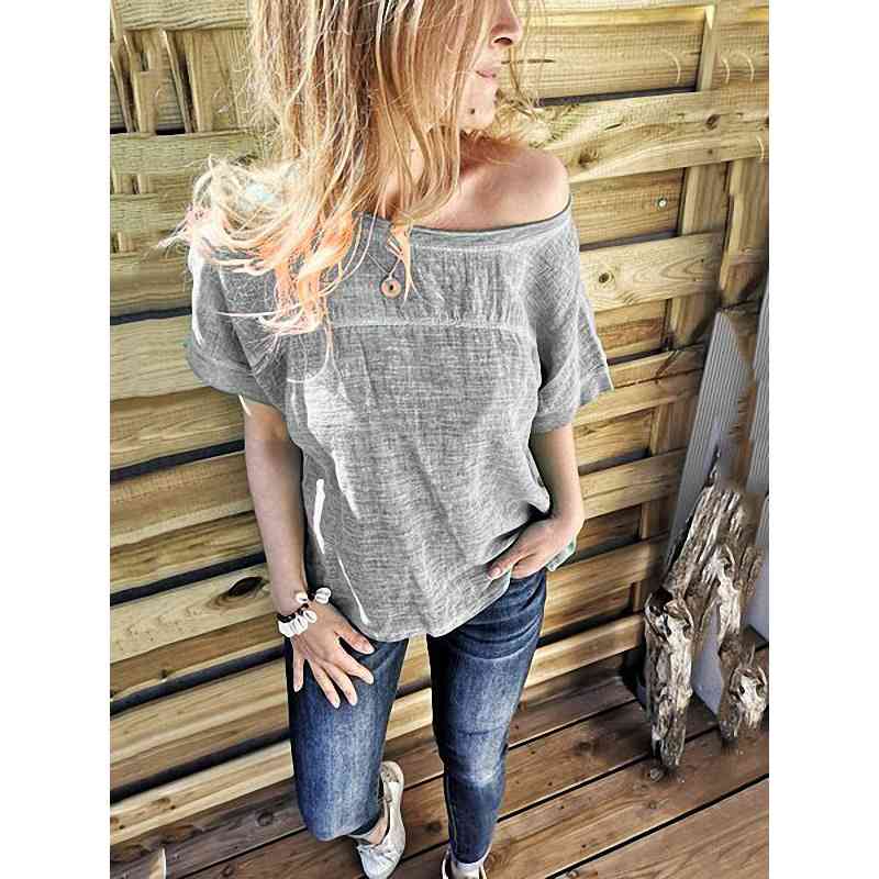 

Candy Color Basic Blouse Cotton Shirt Sexy Blouses for Women Tops Summer Short Sleeve Slash Neck Ladies 210603, Blue